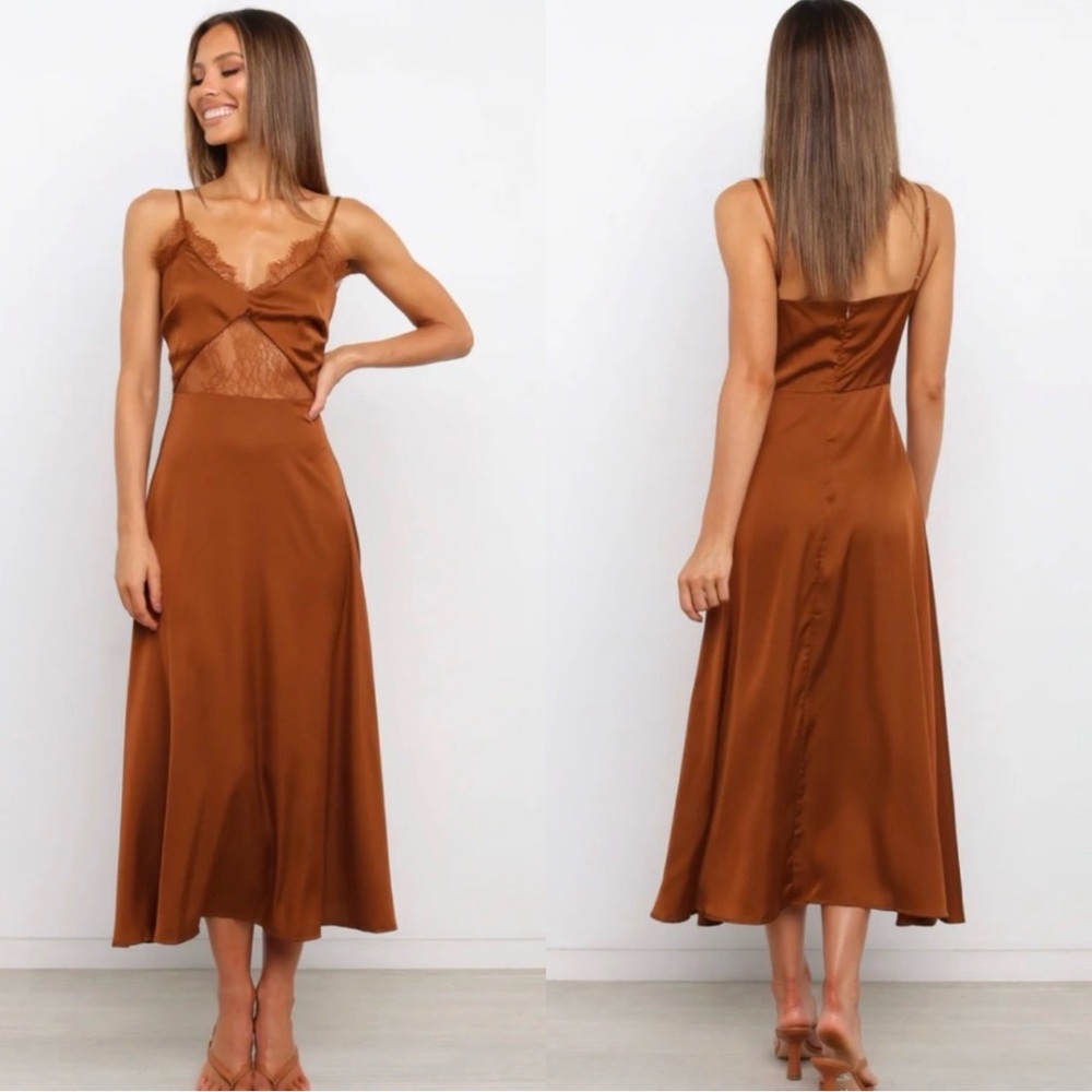 Petal & Pup Satin Lace-Trim Midi Dress in Copper Brown